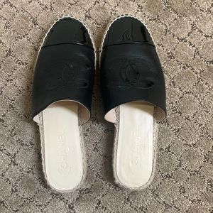 Chanel black espadrille slides
